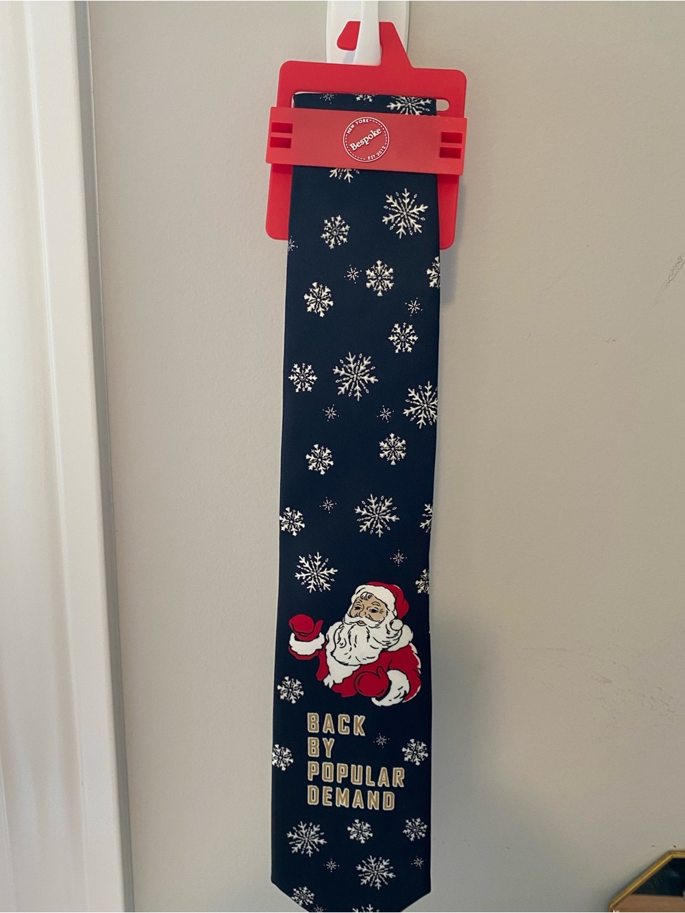 Bespoke Navy Tie with Red & White Santa and Snowflake Motif